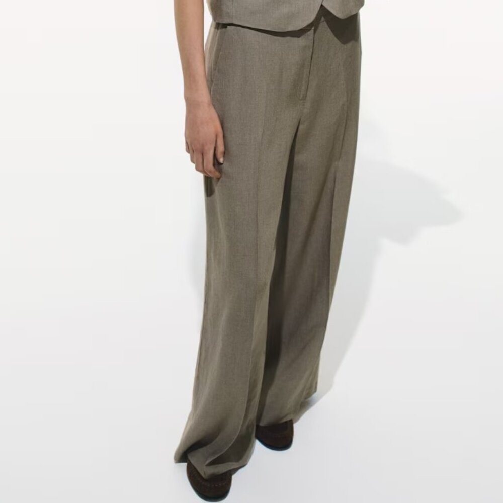 H&M Studio Wide-Leg Linen-Blend Pants - Taupe - Size 18